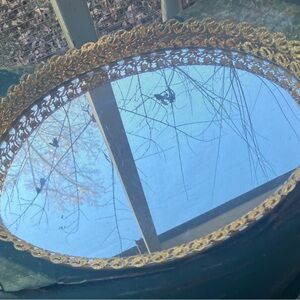 Vintage Gold Tone Filigree Oval Mirrored Tray